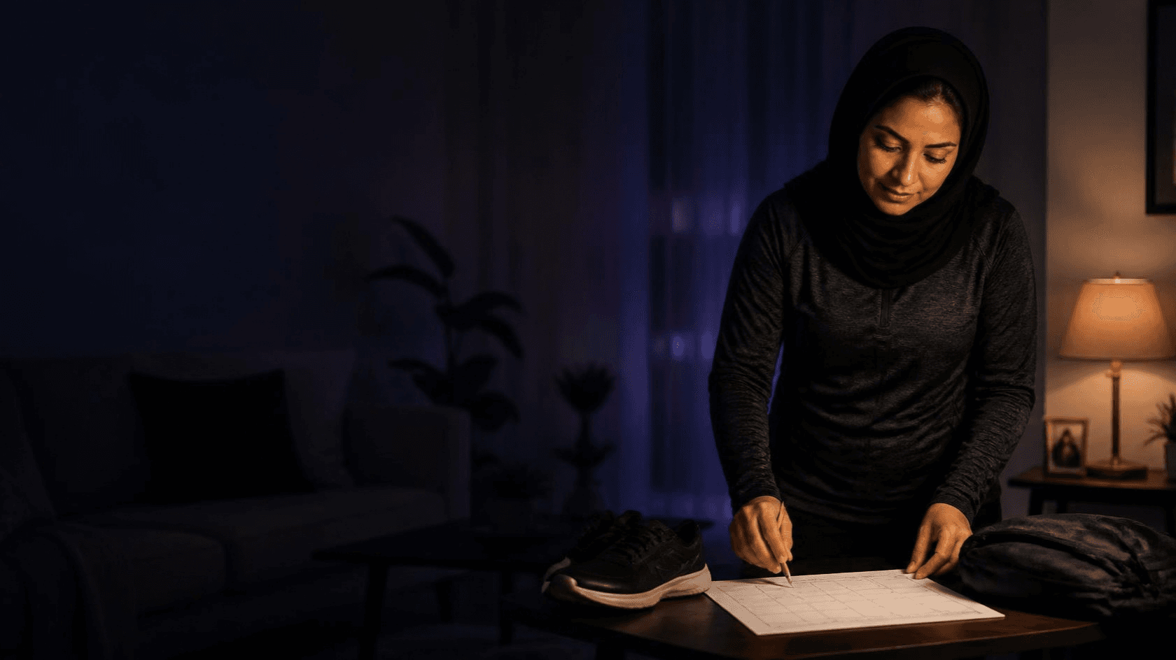 Une femme ajuste un planning papier le soir chez elle, baskets et sac de sport posés à côté.